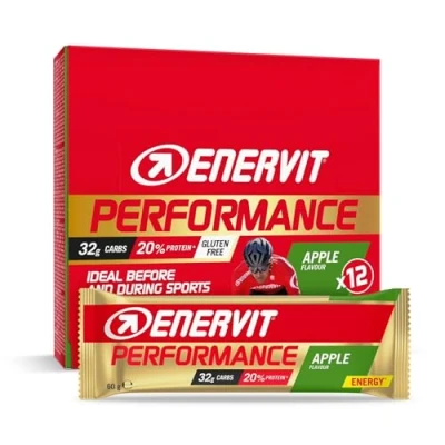 Immagine di Enervit, Performance Bar Apple, Barrette Energetiche, Apportano 32 Grammi di Carboidrati e 20% Proteine, Gusto Mela, con Vitamina B6, Senza Glutine, Low Fat, 12 da 60g