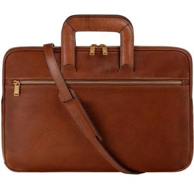 Immagine di Time Resistance Borsa Porta PC da Uomo in Pelle Valigetta Computer Fatta a Mano Italia Ventiquattrore con Cerniera Elegante Portare o Tracolla (Marrone)