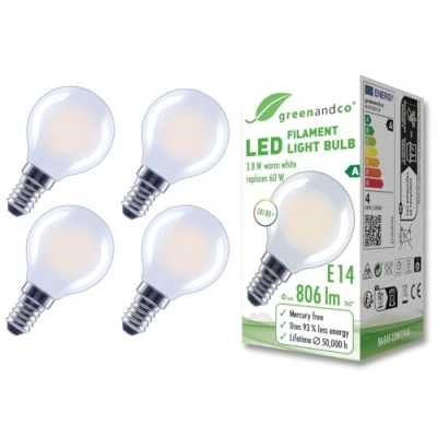 Immagine di greenandco 4 lampadine A filamento LED smerigliate E14 G45 3,8 W 806 lm sostituisce 60 2700 K bianco caldo 320 230 V senza sfarfallio Classe energetica non dimmerabile