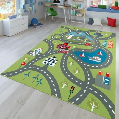 Immagine di TT Home Tappeto Stanza Bambini Auto Strada Antiscivolo Moderno, Colore:Verde, Dimensione:200 cm Quadrato