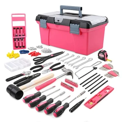 Immagine di Hi Spec Apollo kit completo di utensili rosa Per la casa da 170 pezzi con attrezzi rosa, appendere quadri e cassetta degli rosa. lavoretti quotidiani, fai te, decorazione