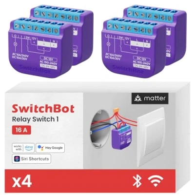 Immagine di SwitchBot Smart Interruttore Relè 1, Modulo Intelligente con Ripetitore Bluetooth Integrato, Interruptore Wi Fi &amp; Compatibile Alexa/Apple HomeKit/Google Home,16A Confezione da 4