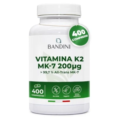 Immagine di Bandini® Vitamina K2 MK7 200µg 400 Compresse Menachinone ad Alto Dosaggio Vit K 2 MK 7 K2Vital® 200 mcg Contribuisce al Mantenimento di Ossa Normali 100% Vegan Senza OGM Qualità Italiana