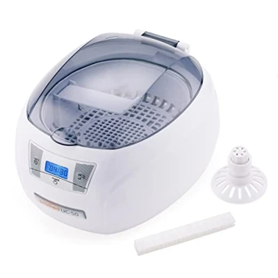 Immagine di Promed UC 50 Pulitore Ultrasuoni Dispositivo di Pulizia Gioielli, Utensili da Unghie, Occhiali, Oggetti Alta Frequenza Timer Automatico, LCD e Motore Silenzioso Supporto per Orologio, Bit CD