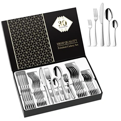 Immagine di Aoeeppa Set di Posate, 30 Pezzi per 6 Persone, Posate Acciaio Inox, Lucidate a Specchio, Ideali La Casa, Il Ristorante, Festa e Come Regalo, Lavabili in Lavastoviglie Antiruggine (Argento)