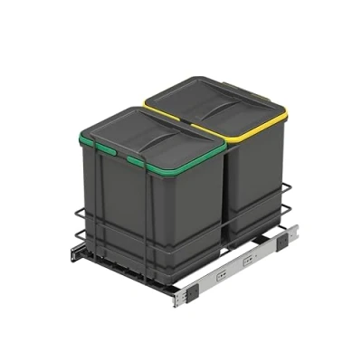 Immagine di Emuca Pattumiera per differenziata moduli da cucina, 2 x 16 L, fissaggio sul fondo ed estrazione manuale, Plastica grigio antracite