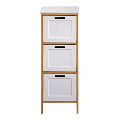 Immagine di Rebecca Mobili Comodino Stretto, Cassettiera Bagno, Bianca Marrone, 3 Cassetti, Moderno, Mdf Bamboo Misure HxLxP: 86 x 32 30 cm Art. RE6713
