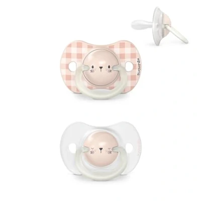 Immagine di Suavinex Confezione 2 Ciucci, si Illuminano al Buio, Ciucci Fluorescenti per Dormire, Bambini 0/6 Mesi, con Tettina Simmetrica in Silicone SX Pro, Piatta e Flessibile, Night and Day Coniglio Rosa