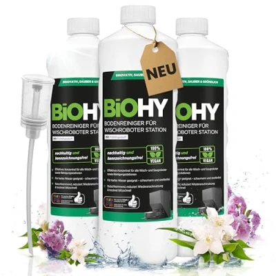 Immagine di BiOHY detergente per pavimenti robot, stazione con profumo primaverile (3 x 1 litro) + dosatore, concentrato tutti i robot pulitore e aspirapolvere funzione bagnata, braccio di