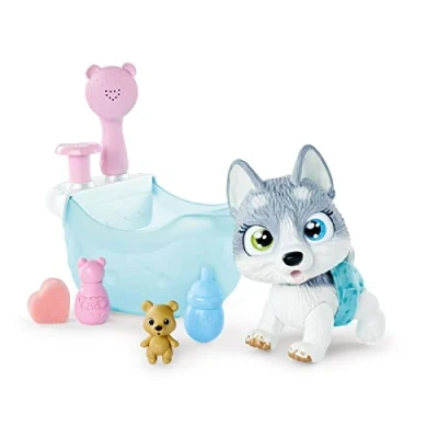 Immagine di Simba 105953560 Pamper Petz Husky con vasca da bagno, funzione di pompaggio, bottiglia schiuma, siringa d&#039;acqua, giocattolo 25 cm, a partire dai 3 anni, multicolore