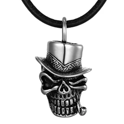 Immagine di DonDon Collana in Cuoio Pelle 50 cm Ciondolo a Forma di Cranio Teschio con Pipa Acciaio Inossidabile Contenuto Sacchetto