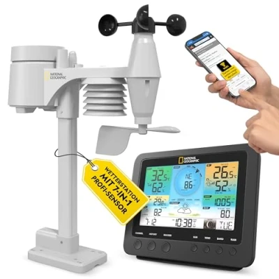 Immagine di National Geographic Stazione meteo wireless con sensore da esterno WLAN, centralina a colori 7 in 1 per vento, umidità, temperatura, precipitazioni, livello UV e intensità della luce