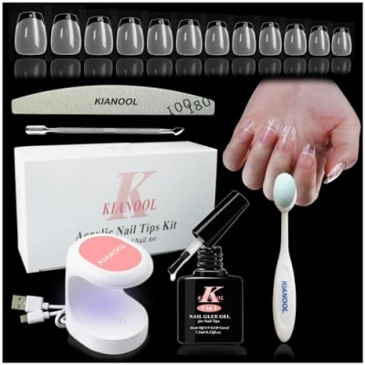 Immagine di Tip in Gel Per Unghie Finte Corte Set, 552 Pcs Bara Con Mini Lampada UV Kit Completo, Colla 5 1, Full Cover Balletto Finte, Tips Nail Art Kits