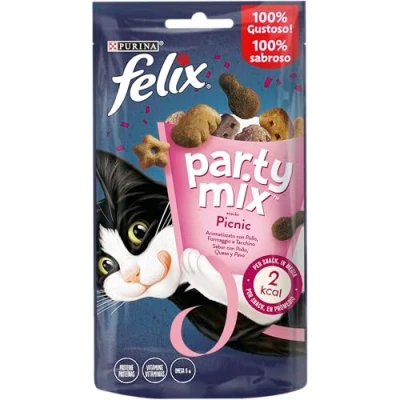 Immagine di Purina Felix Party Mix Snack Gatto Picnic con Pollo, Formaggio e Tacchino, 8 Confezioni da 60 g