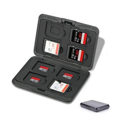 Immagine di Jaimela 16 Scomparti Custodia per Schede di Memoria, 8 SD e Micro SD, SDXC, SDHC, Resistente all&#039;Acqua, Antiurto (Nero)