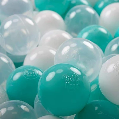 Immagine di KiddyMoon 100 Palline/7Cm Palline Morbide Colorate Per Piscina Bambini Fatto In EU, Turchese Chiaro/Bianco/Trasparente