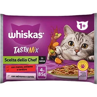 Immagine di Whiskas Tasty Mix Scelta dello Chef, 1+ Anni, Cibo Umido per Gatto, 13 Confezioni ognuna da 4 Bustine 85g (52 in Totale)