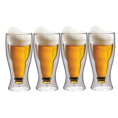 Immagine di Maxxo Bicchieri da birra a doppia parete, 4 x 35 cl Thermos fatti mano in vetro borosilicato resistente, ideali per birra, sode, acqua, bevande calde e frodi (350 ml)