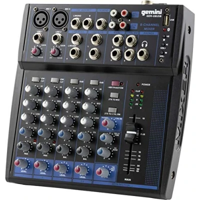Immagine di Gemini Sound GEM 08USB Audio Mixer Analogico Compatto a 8 Canali con 2 MIC, 3 Bande EQ, Riproduzione USB da Dispositivi e Streaming Bluetooth