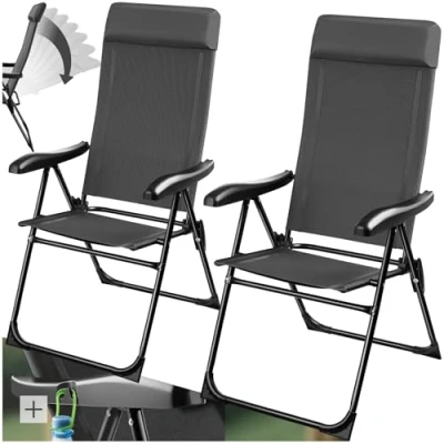 Immagine di TecTake® Set 2 Sedie Campeggio Pieghevoli, Schienale Regolabile 7 Posizioni, Alluminio Inossidabile, Textilene Traspirante, Braccioli Ergonomici, Cuscino Poggiatesta Rimovibile, Cappucci Antiscivolo
