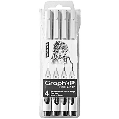 Immagine di GRAPH&#039;IT Fine Liner Confezione da 4 pennarelli a punta calibrata inchiostro pigmentato base d&#039;acqua resistente alla luce e allo scrub, colore nero, set Manga (0.1 0.3 0.5 0.7)