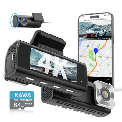 Immagine di KAWA Dashcam 4K Anteriore e Posteriore, Visione Notturna AI ISP Colori Reali, 4K+1080P, SD da 64GB Inclusa,con GPS, Schermo IPS 3,16&quot;, Registrazione in Continuo, Modalità Parcheggio 24H, D10