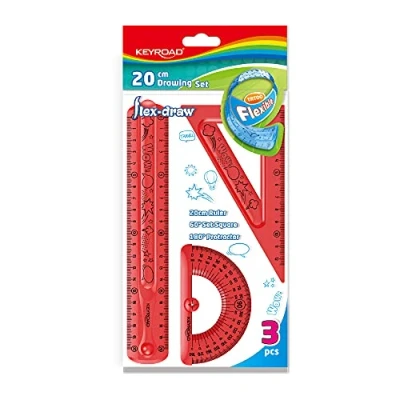 Immagine di KEYROAD Set di geometrie flessibili con grafica/matematica 3 pezzi: 1 righello da 20 cm, triangolo disegno, goniometro/foro per appendere/colori misti
