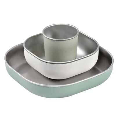 Immagine di BEABA, Set Svezzamento Per La Pappa, Acciaio Inox, 3 Pezzi, Bicchiere + 2 Piatti, Lavabile In Microonde, Lavastoviglie, Robusto, Leggero, Infrangibile, Antiscivolo Coperchio Silicone, Verde Salvia