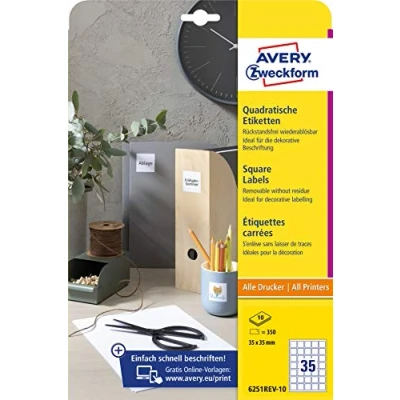 Immagine di AVERY Zweckform 6251REV 10 etichette quadrate (350 adesive, 35 x mm su formato A4, adesivi per codice QR da stampare, rimovibili senza residui, autoadesive QR)