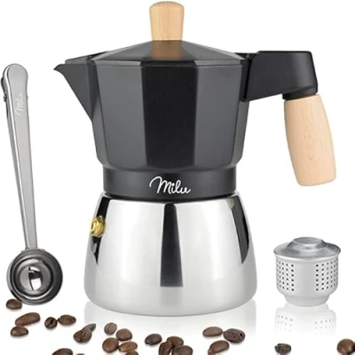 Immagine di Milu Caffettiera Induzione 3, 6,9 Tazze Espresso in Alluminio, Set comprendente sottobicchiere, cucchiaio, spazzola (Manico legno, 3 (150ml)
