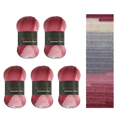 Immagine di Wollbiene Summer Touch Batik, 5 gomitoli di lana da 100 g, multicolore con gradiente, 500 g mercerizzata in microfibra acrilica (506 blu grigio rosa)