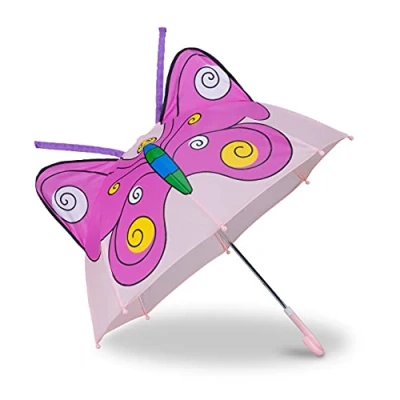 Immagine di Relaxdays Ombrello per bambini con farfalla 3D, parapioggia bastone, bimba &amp; bimbo, a Campana, Unisex, Rosa