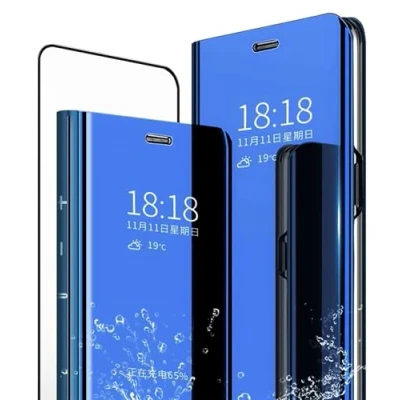 Immagine di MLOTECH Cover per Samsung A51, custodia + vetro temperato pellicola protettiva Flip Clear View Traslucido Specchio Standing 360 Antiurto Smart Bumper Blu Cielo