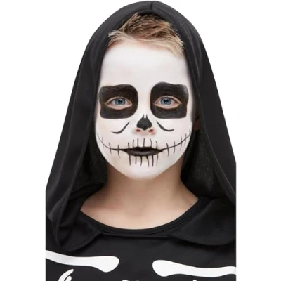 Immagine di Smiffys Make Up FX, kit scheletro per bambini, Aqua, Bianco e nero, Trucco viso, pastello, spugna applicatore