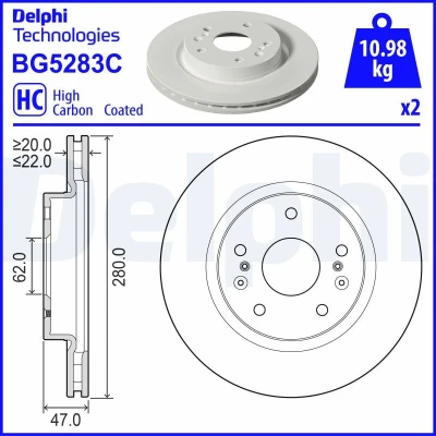 Immagine di DELPHI Disco freno 280mm 22mm 5 ventilato rivestito ad alto tenore di carbonio BG5283C 5531161M11 Dischi freno, dei freni