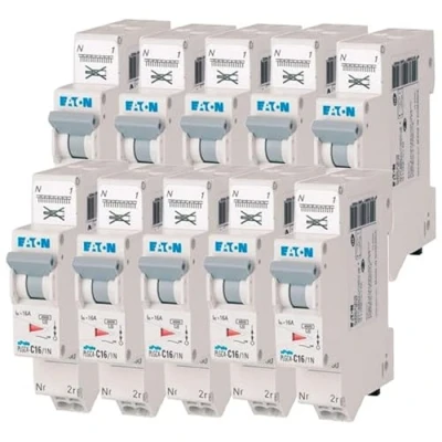 Immagine di EATON 109130 PLGC4 C16/1N DISJONTORE MODULAARE PH/N Bianco MANETTA GRIGIO 1P+N / 16A Curva C Connessione diretta senza viti 10 interruttori