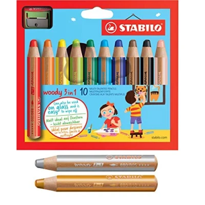 Immagine di Stabilo woody 3 in 1 Pastelli colorati ad acqua e a cera, confezione da 10 + 2 con temperamatite, diversi colori oro argento