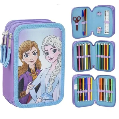 Immagine di Astuccio scuola per bambini di Frozen Colore blu Chiusura a cerniera 12,5 x 6,5 19,5 cm Triplo scomparto Include accessori Prodotto originale progettato in Spagna, Azzurro,