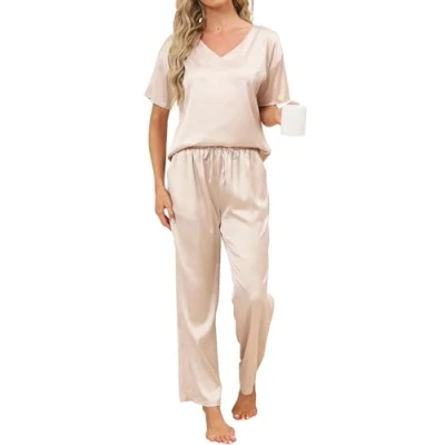 Immagine di Pigiama da Donna in Raso Set Seta Pigiami Due Pezzi a Maniche Corte Scollo V e Pantaloni Lunghi Camicia Notte Morbido Comodo S XXL