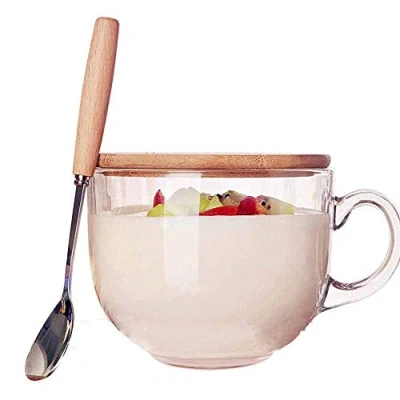 Immagine di TAMUME 470ml Coppa in Vetro Microwavable con Coperchio Legno, Include un Cucchiaio Manico Tazza Caffè
