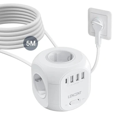 Immagine di LENCENT 8 in 1 Multipresa Cubo da 5M, Presa Multipla di Corrente con Spina Piatta, 4 Prese Schuko, 3 USB A e C, Europea Salvaspazio Interruttore per Cucina Casa Ufficio