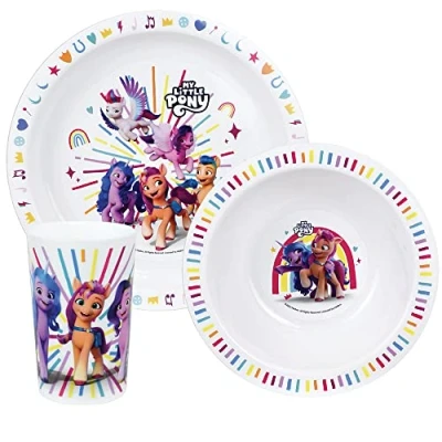 Immagine di FUN HOUSE MY LITTLE PONY SET PIPP IZZY SUNNY E ZIPP CON UN PIATTO Ø 22 CM, CAVO 16 CM VETRO 220 ML PER BAMBINO