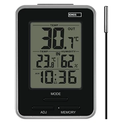 Immagine di EMOS termometro digitale con sensore esterno, e igrometro interno ed visualizzazione min valori massimi, sveglia funzione snooze, funzionamento a batteria, argento