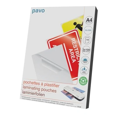 Immagine di Pavo Pouches per plasficatrici A4, 2 x 100 micron, confezione da 100, Lucido