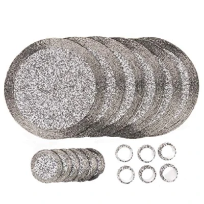 Immagine di Penguin Home® Set di 18 tovagliette, sottobicchieri e portatovaglioli con perline in vetro, colore argento bianco, tovagliette rotonde, realizzate a mano da abili artigiani indiani, diametro 32 cm