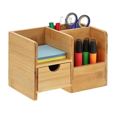 Immagine di Relaxdays Organizer da Scrivania con Cassetto Portaoggetti, 2 Scomparti Portapenne, HLP: 14x20,5x13 cm, bambù, Naturale, 90% 10% Pannello di Fibra