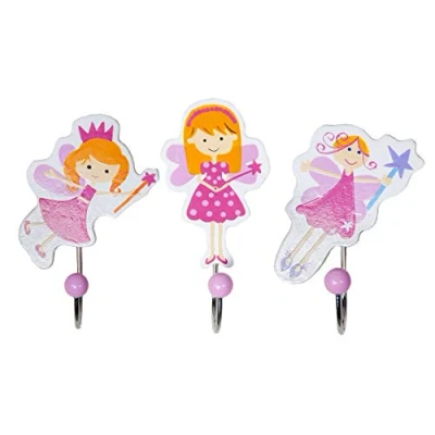 Immagine di Mousehouse Gifts Set di tre ganci appendiabito a parete singoli da muro in legno colorati tema fata deali per stanza dei bambini o la camera letto