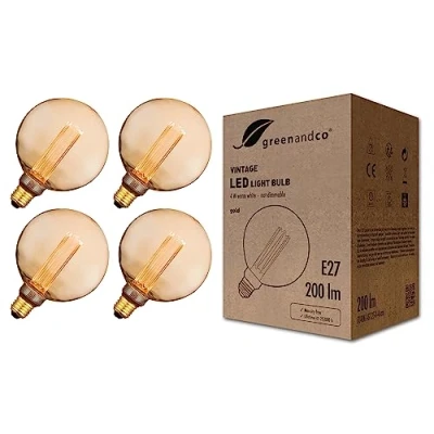 Immagine di greenandco 4x lampadina a LED di design vintage in stile retrò E27 G125 4W 200lm 1800K 320 230V, ambra, nessun sfarfallio, non dimmerabile