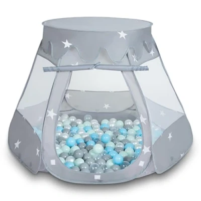 Immagine di SELONIS Tenda 105X90cm/100 Palline Castello con Colorate per Bambini, Grigio:Perla/Grigio/Trasparente/Azzurro/Menta