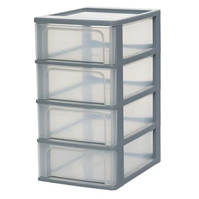 Immagine di Iris Ohyama Cassettiera in Plastica, Portaoggetti, 4 Cassetti Medi, Grigio, Apertura Facile, Formato A4, A5 e A6, Organizzatore, Per Ufficio, Scuola, Cartoleria, Senza BPA, Contenitore, OCH 2004